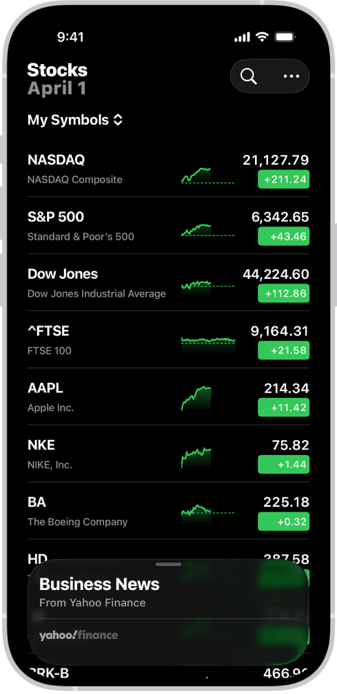 பங்குகள் செயலியில் வெவ்வேறு பங்குகளின் பட்டியலைக் காட்டும் விருப்பப் பட்டியல். பட்டியலில் உள்ள ஒவ்வொரு பங்கிலும், இடமிருந்து வலமாக பங்கின் குறியீடு மற்றும் பெயர், செயல்திறன் விளக்கப்படம், பங்கின் விலை, விலை மாற்றம் ஆகியவை காட்டப்பட்டுள்ளன. மேல் வலதுபுறத்தில் “தேடு” பட்டன் உள்ளது. திரையின் கீழ்ப்பகுதியில் “வணிகச் செய்திகள்” பிரிவு உள்ளது.