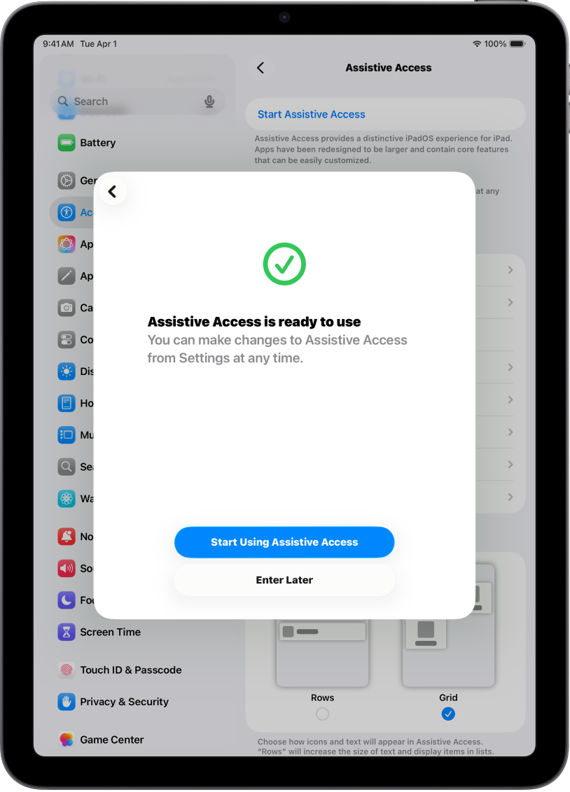 iPad ที่แสดงให้เห็นว่าโหมดช่วยเหลือการเข้าถึงพร้อมให้ใช้งาน โดยมีปุ่มสำหรับเข้าสู่โหมดช่วยเหลือการเข้าถึงอยู่ด้านล่างสุด