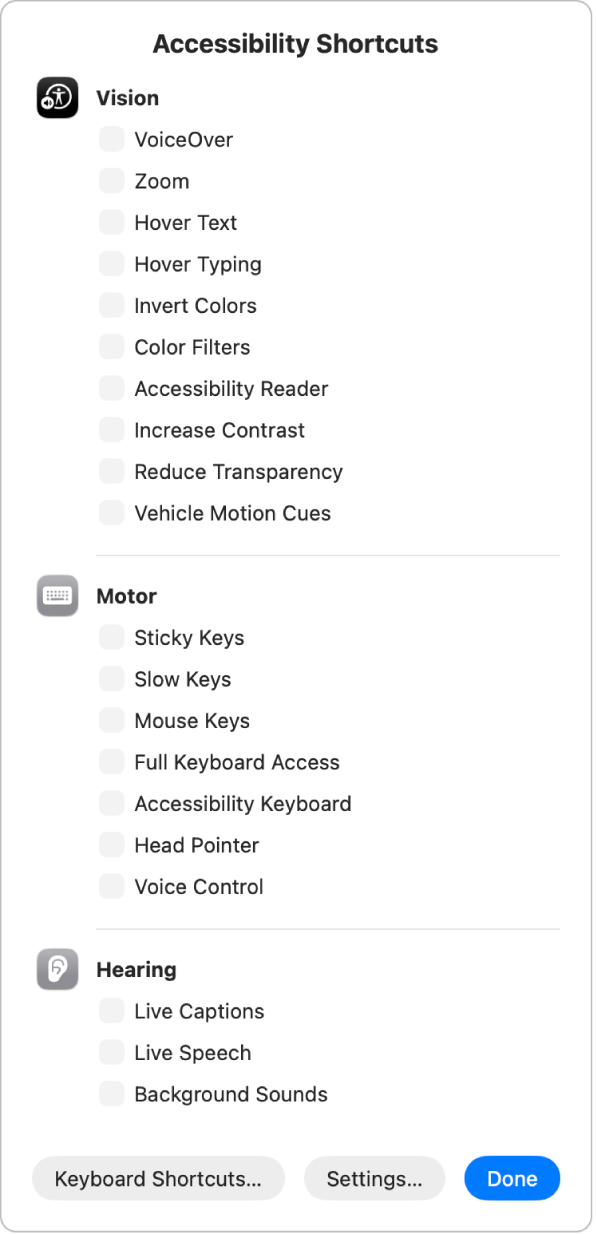 The Accessibility Shortcuts panel listing Vision features (such as Color Filters), Physical Motor features (such as Full Keyboard Access), and Hearing features (such as Live Captions).