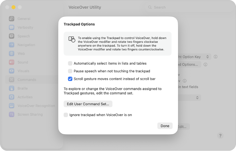 Ein Dialogfeld im VoiceOver-Dienstprogramm, das Einstellungen für die Verwendung des Trackpads zur Steuerung von VoiceOver anzeigt.