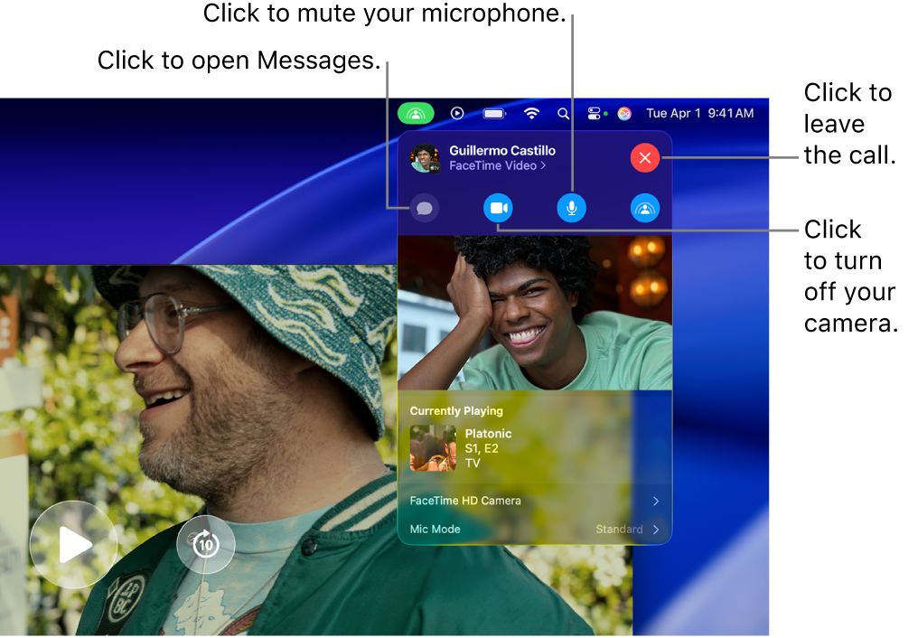 SharePlay controls shown in the Menu bar including buttons to open the Messages app, mute your microphone, turn off your camera, and leave the call.