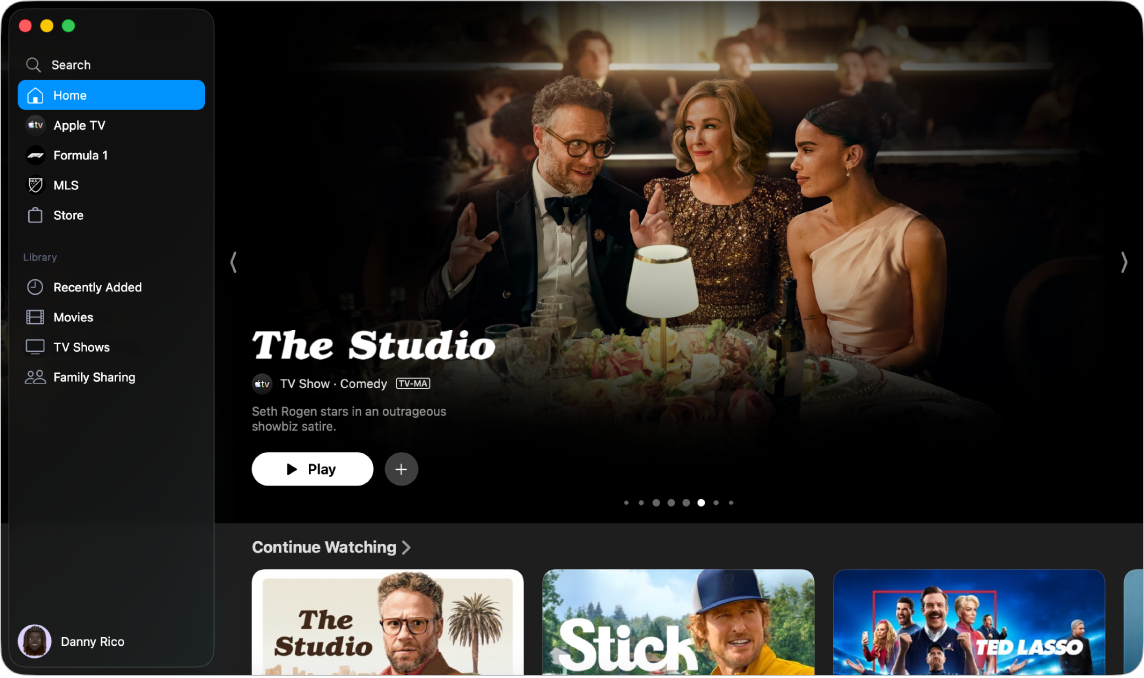 显示“主页”已打开的 Apple 视频 App。