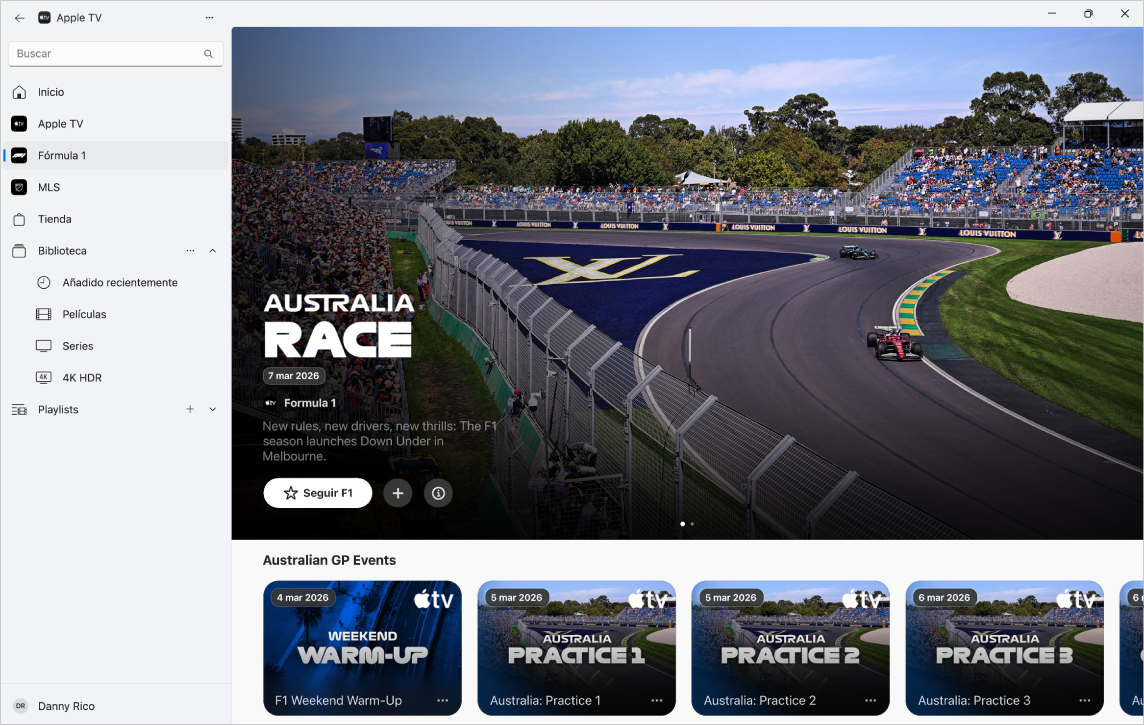 La app Apple TV con la Fórmula 1 abierta.