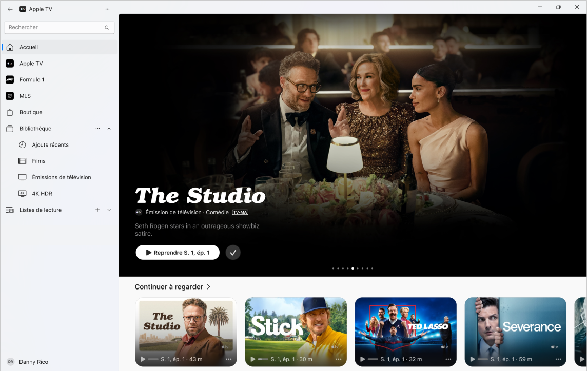 L’app Apple TV avec Accueil ouvert.
