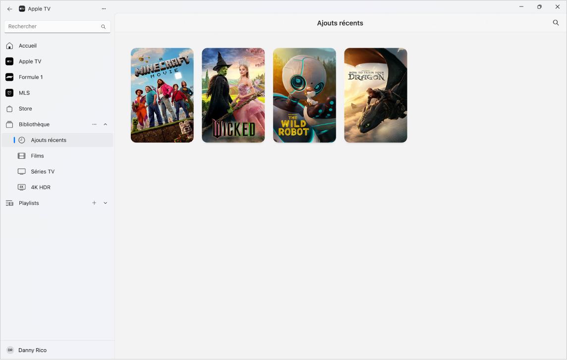 L’app Apple TV avec l’écran Bibliothèque ouvert.