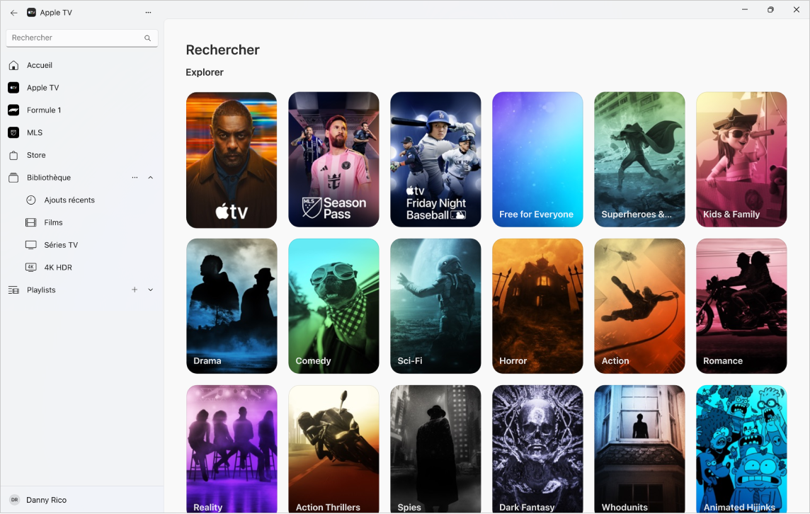 L’app Apple TV avec l’écran Recherche ouvert.