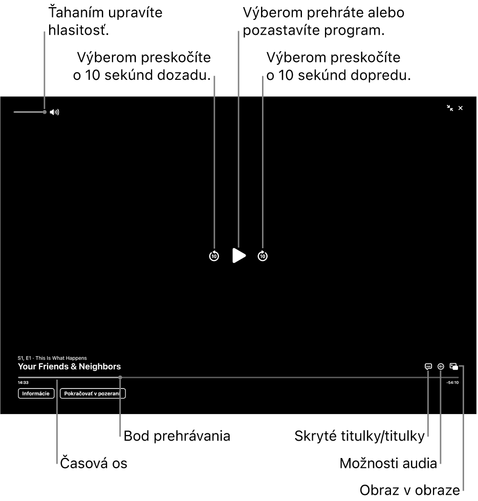 Ovládacie prvky prehrávania v prehliadači vrátane tlačidiel na prehrávanie alebo pozastavenie, preskočenie dopredu alebo dozadu a na úpravu hlasitosti.