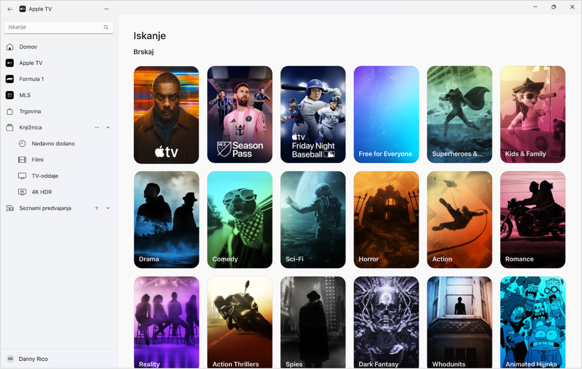 Aplikacija Apple TV z odprto stranjo Iskanje.