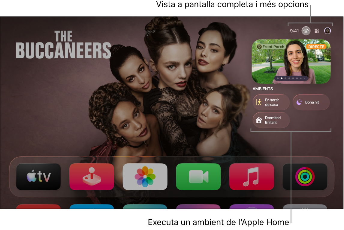Pantalla de l’Apple TV amb la pestanya de l’app Casa.