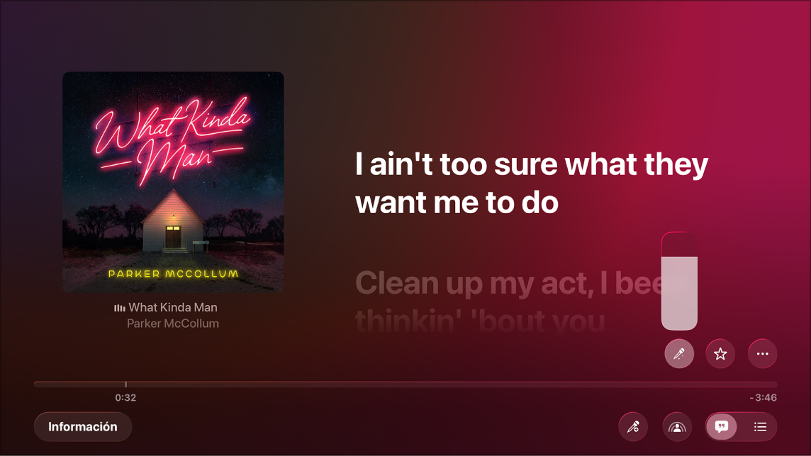 La pantalla Ahora suena mostrando A cantar de Apple Music