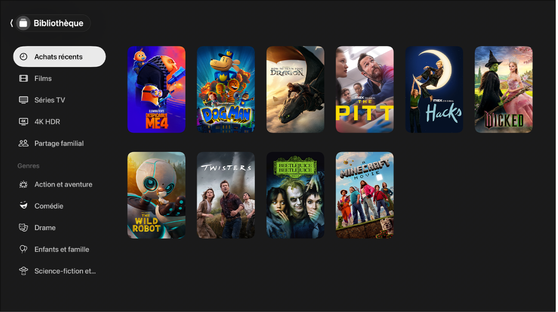 Écran montrant la bibliothèque