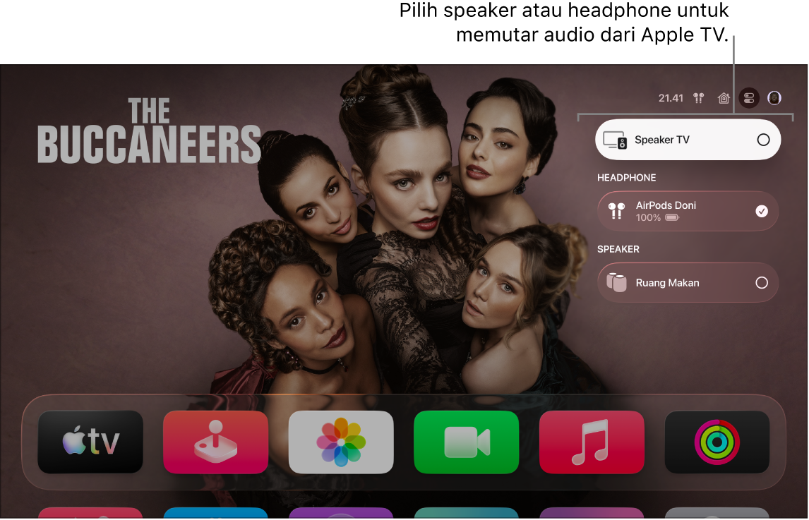 Layar Apple TV menampilkan tampilan kontrol audio Pusat Kontrol
