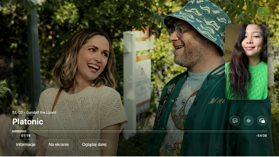 Przykładowa sesja SharePlay na iPhonie i Apple TV.