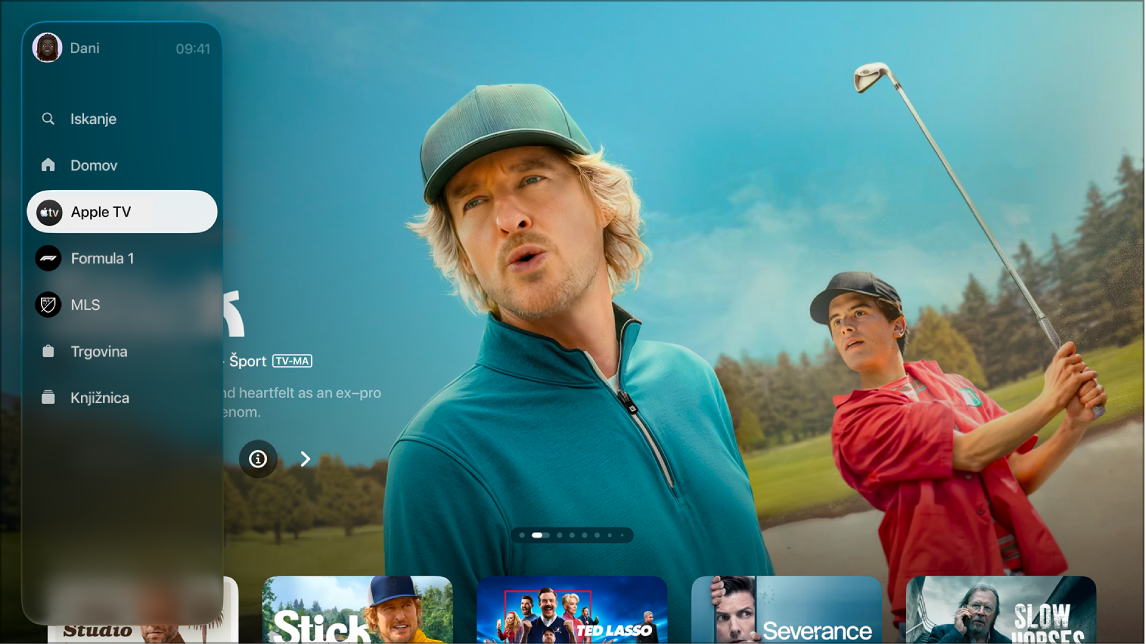Zaslon, ki prikazuje stransko vrstico aplikacije Apple TV.