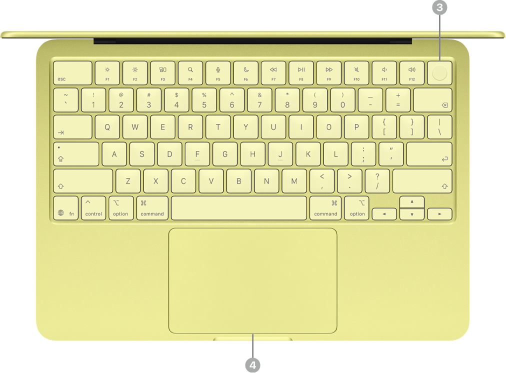 Horní část MacBooku Neo zobrazující zapínací tlačítko (zamykací klávesa nebo snímač Touch ID) a trackpad.