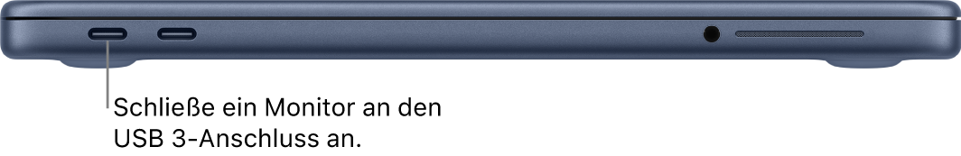 Der USB 3-Anschluss eines MacBook Neo mit der Anleitung zum Anschließen eines Displays an den USB 3-Anschluss.