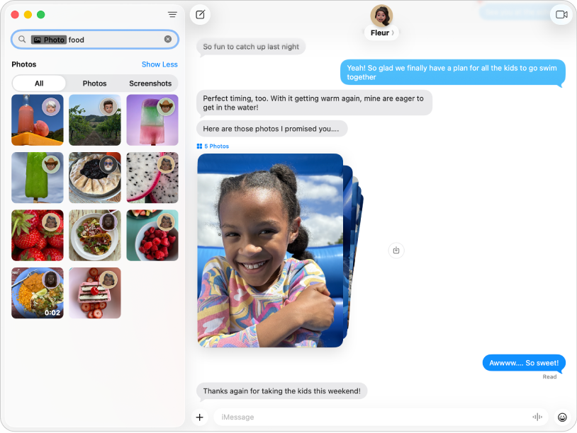 A Messages window showing search results on the left and a conversation on the right.