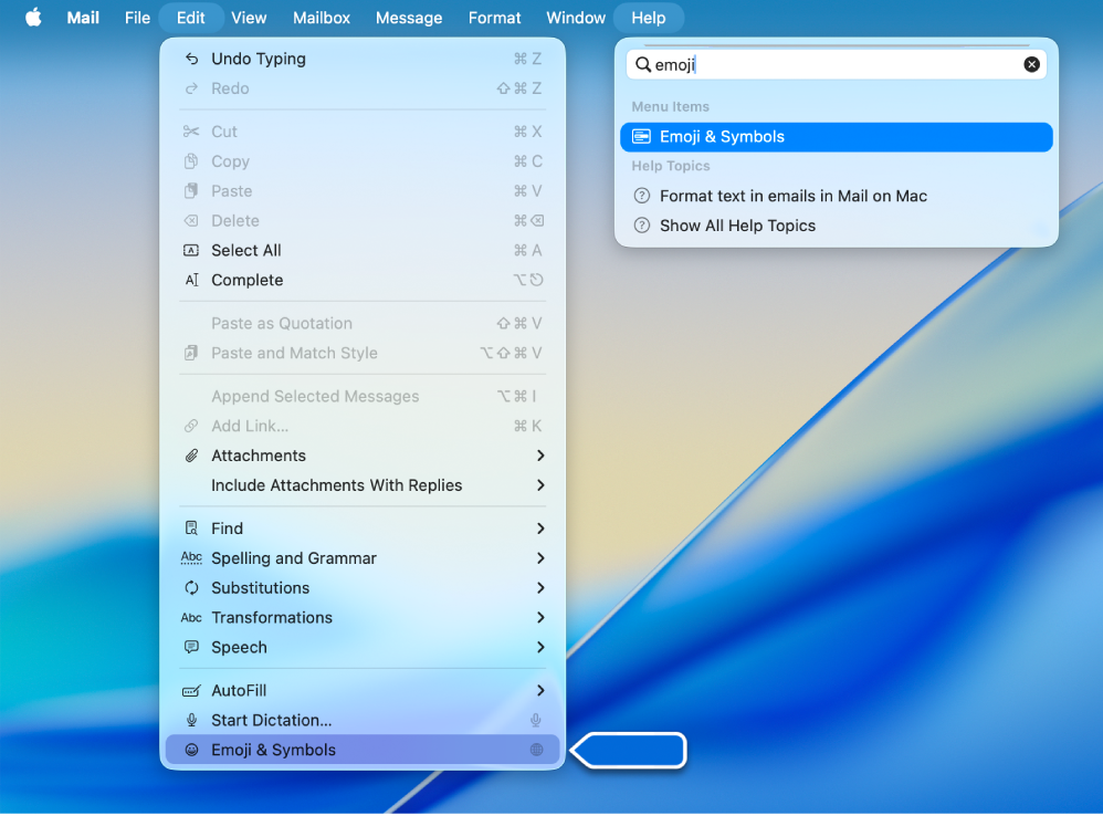 The Help menu showing a search for “emoji” with the Emoji & Symbols option highlighted in the results list and in the Edit menu.