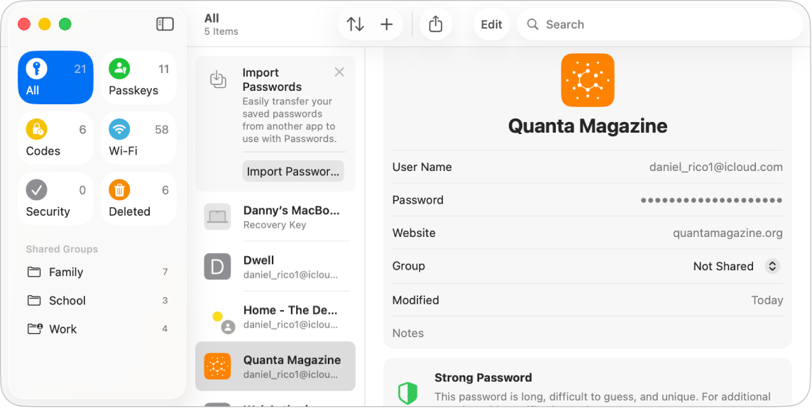 The main screen for the Passwords app, showing the types of passwords in the sidebar on the left (with All selected), a list of all password accounts in the middle (with Quanta selected), and the details of the Quanta account on the right.