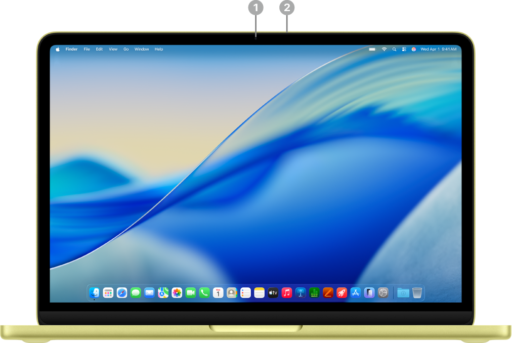 Un MacBook Neo affichant une caméra FaceTime HD 1080p et un micro.
