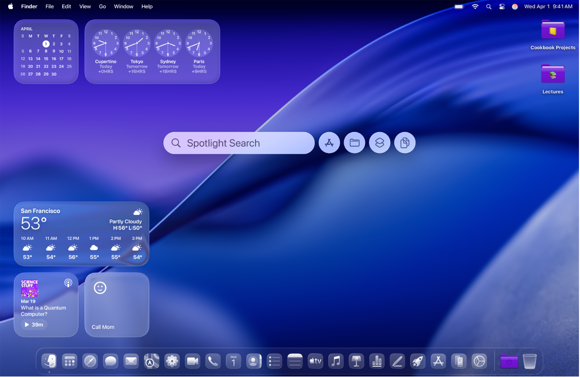 Mac datora darbvirsma ar pielāgotām ikonām, logrīkiem, mapēm un atvērtu Spotlight meklēšanu.