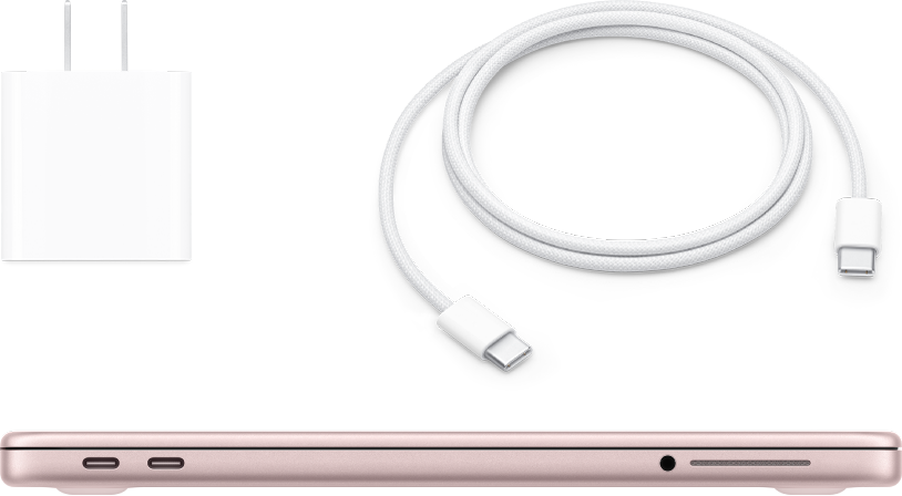 MacBook Neo ปิดอยู่พร้อมอะแดปเตอร์แปลงไฟและสายชาร์จ