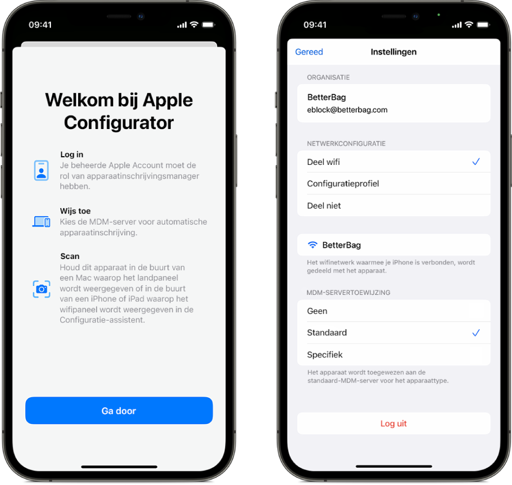 Een afbeelding van Apple Configurator voor de iPhone met twee schermen: het hoofdscherm met het welkomstvenster en een scherm met de standaardvoorziening voor apparaatbeheer die is geselecteerd voor automatische toewijzing van apparaten.