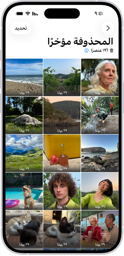 مجلد المحذوفة مؤخرًا في تطبيق الصور. تظهر الصور المحذوفة مؤخرًا في عرض كشبكة على الشاشة.