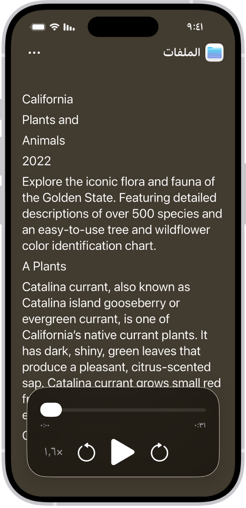 شاشة قارئ تسهيلات الاستخدام يظهر به نص من تطبيق الملفات بخط كبير على خلفية سوداء.