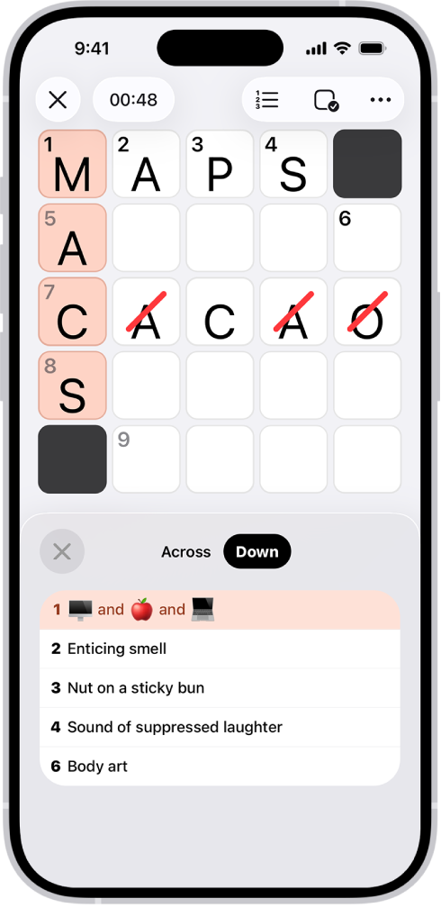 Частично попълнен пъзел мини кръстословица с отворени съвети в долната част.