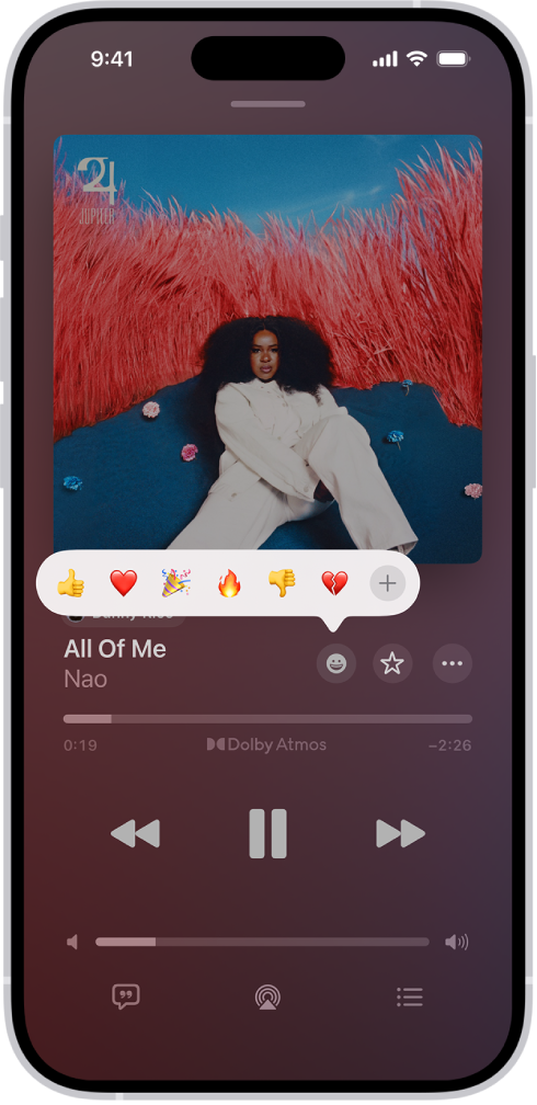 Екранът Сега се изпълнява с бутона Реакции, показващ няколко емотикони и бутон Добави, който можете да щракнете, за да намерите още емотикони.