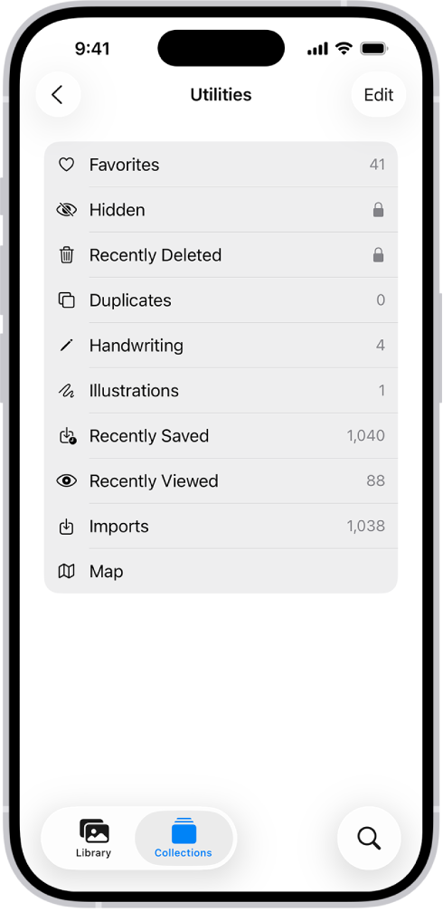 A l’app Fotos, s’obre la col·lecció “Altres” amb una llista de col·leccions de fotos.