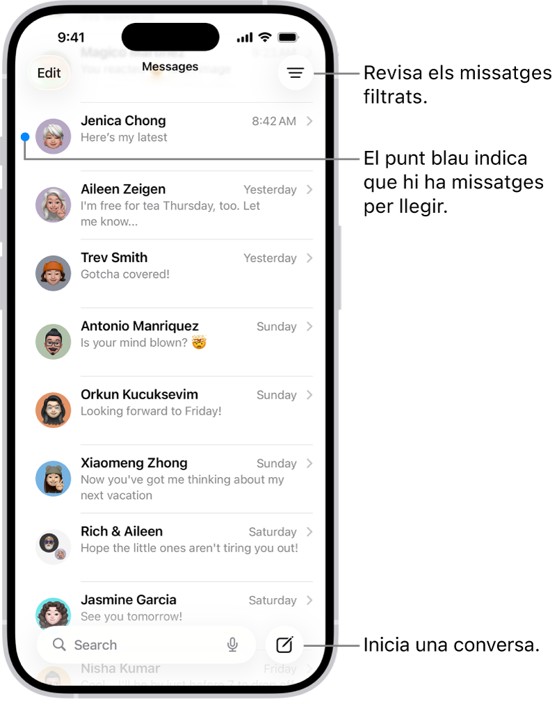La llista de converses de Missatges amb el botó “Redacta” a la part inferior dreta. Un punt blau a l’esquerra del missatge indica que no s’ha llegit.