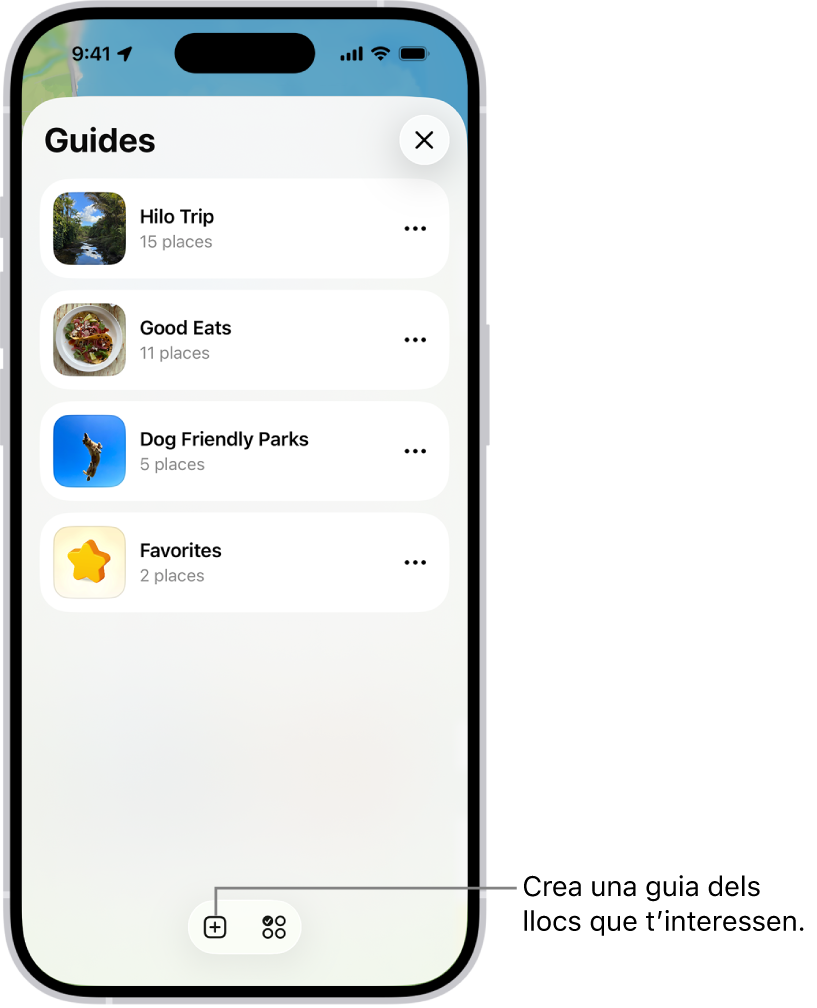 Una llista de diverses guies personalitzades a l’app Mapes, inclosa la categoria “Favorits” i el botó “Nova guia” a la part inferior dreta.