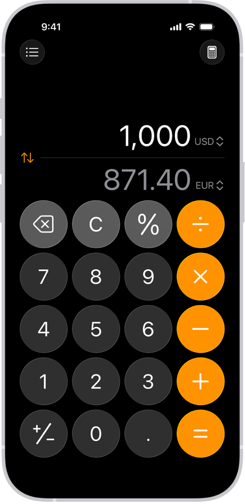 La calculadora bàsica amb una conversió de moneda a l’iPhone.