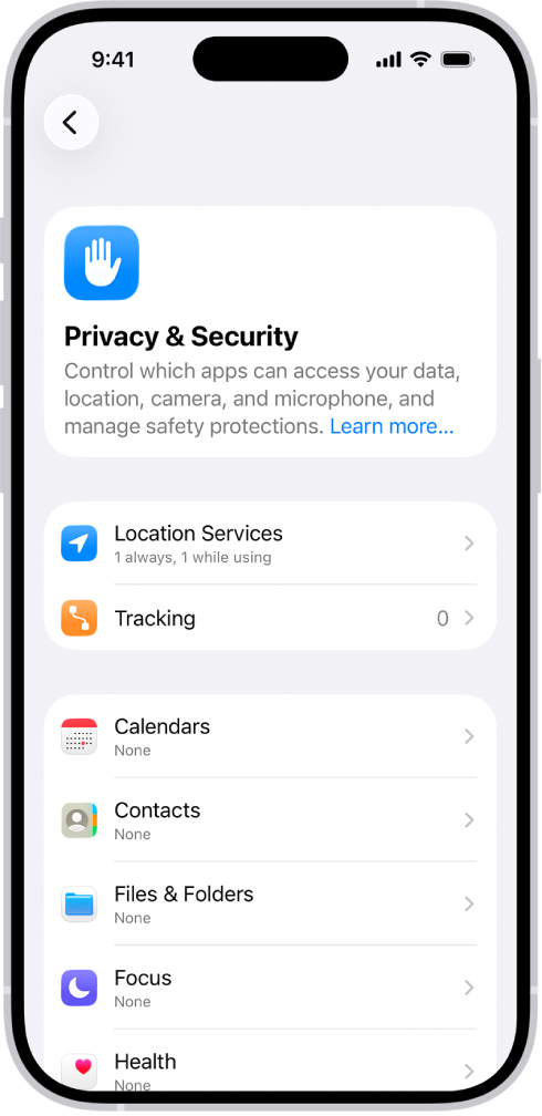 Obrazovka Soukromí a zabezpečení s nastavením polohových služeb a sledování a s nastavením, které aplikace mohou přistupovat k vašim datům.