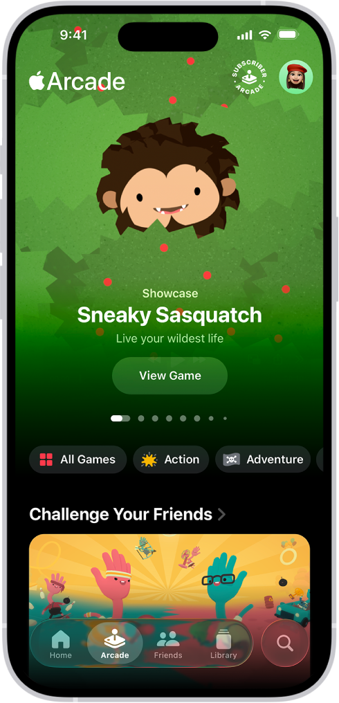 Obrazovka Arcade v aplikaci Apple Games s propagační grafikou doporučené hry. U dolního okraje displeje jsou vidět záložky Zahrajte si, Arcade, Přátelé, Knihovna a Hledat. Záložka Arcade je vybraná.