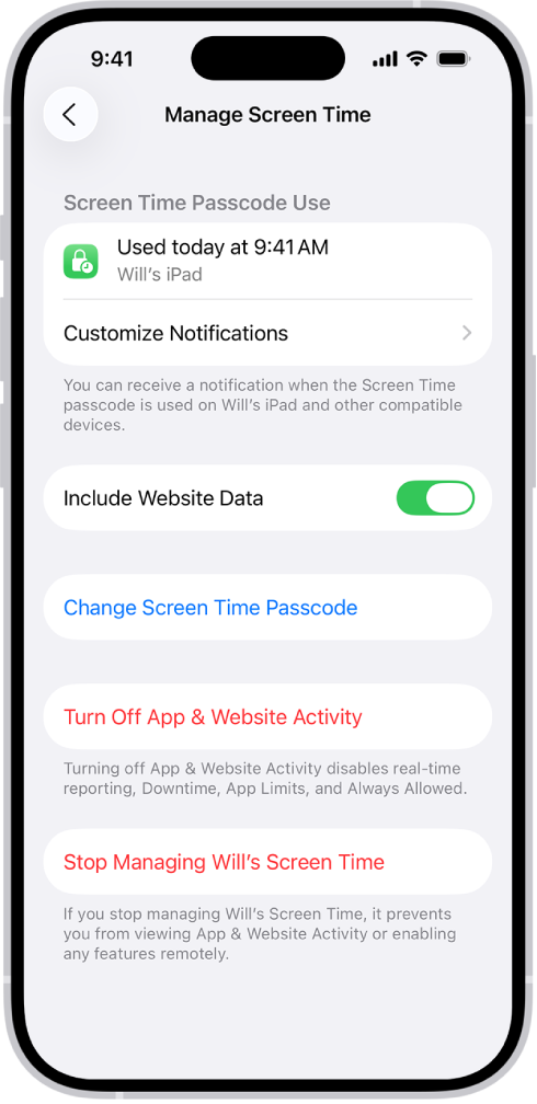 Obrazovka správy času u obrazovky pro dítě v rodině. Nahoře je uvedeno, kdy byl naposled použit přístupový kód a na kterém zařízení.