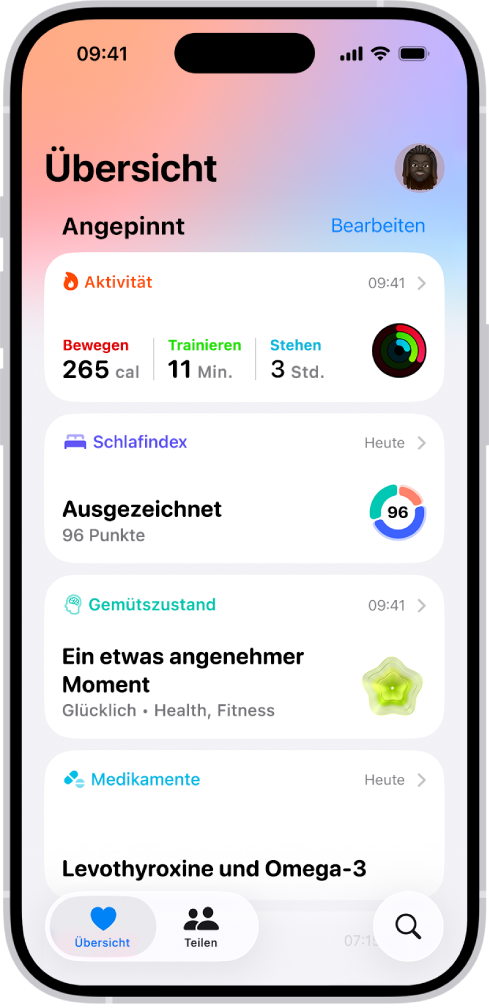 Der Bildschirm „Übersicht“ in der App „Health“. Informationen über Aktivität, Schlafindex, Gemütszustand und Medikamente werden unter „Favoriten“ angezeigt.