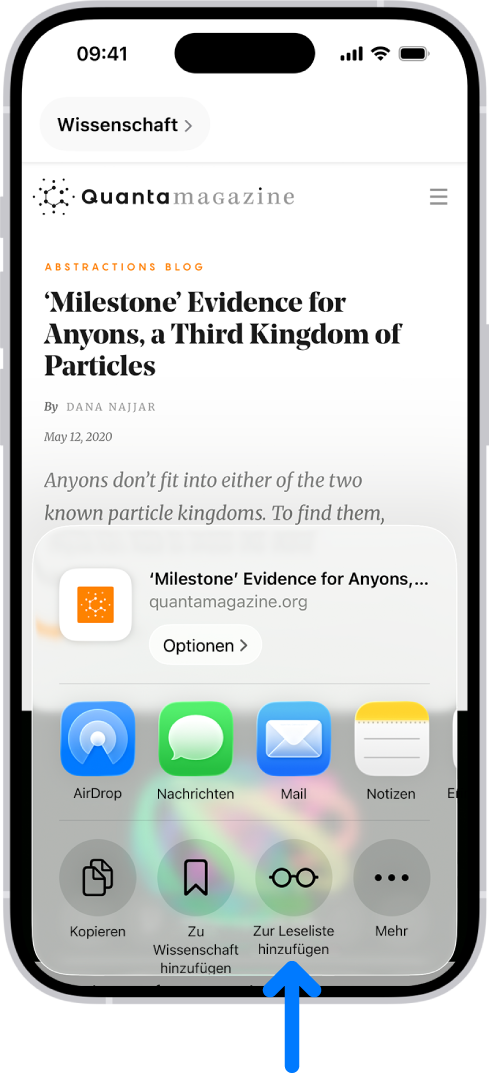 In Safari wurde auf einer Webseite auf die Taste „Teilen“ getippt und eine Liste mit Optionen, einschließlich „Zur Leseliste hinzufügen“, wird angezeigt.
