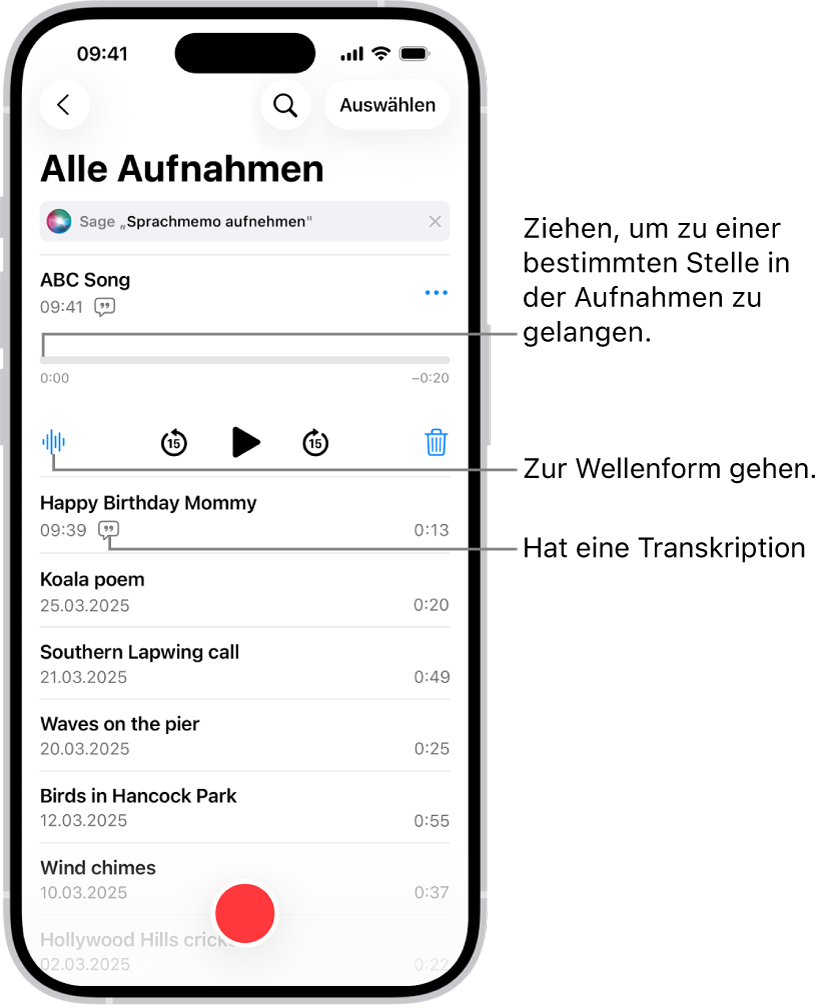 Der Bildschirm der App „Sprachmemos“ mit der Liste der Aufnahmen und der ausgewählten Aufnahme oben. In der Timeline der Aufnahme befindet sich die Abspielposition, die du zu einer bestimmten Stelle in deiner Aufnahme bewegen kannst. Unter der Timeline sind die Steuerelemente für die Wiedergabe.