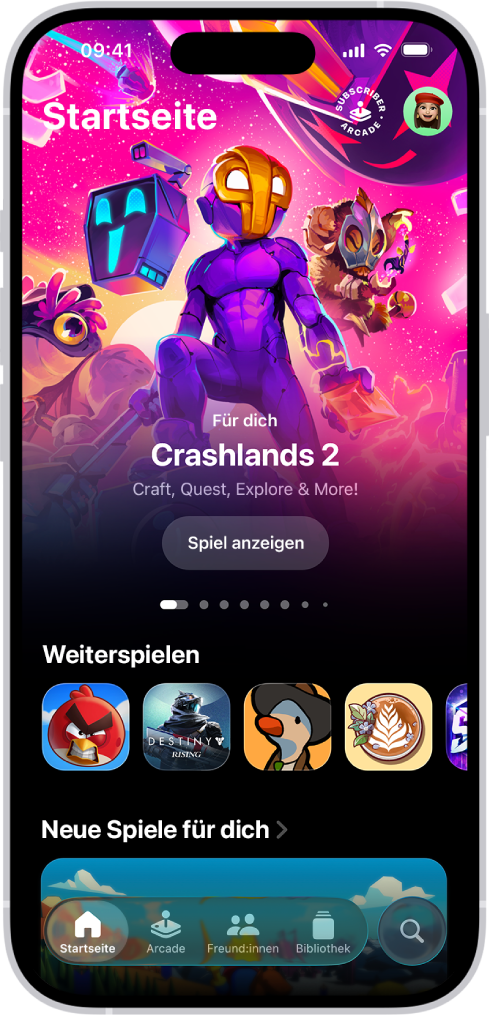 Die Apple-App „Spiele“ zeigt den Tab „Startseite“, auf dem ein besonderes Ereignisse, Spiele, die du fortsetzen kannst, und neue Veröffentlichungen angezeigt werden.