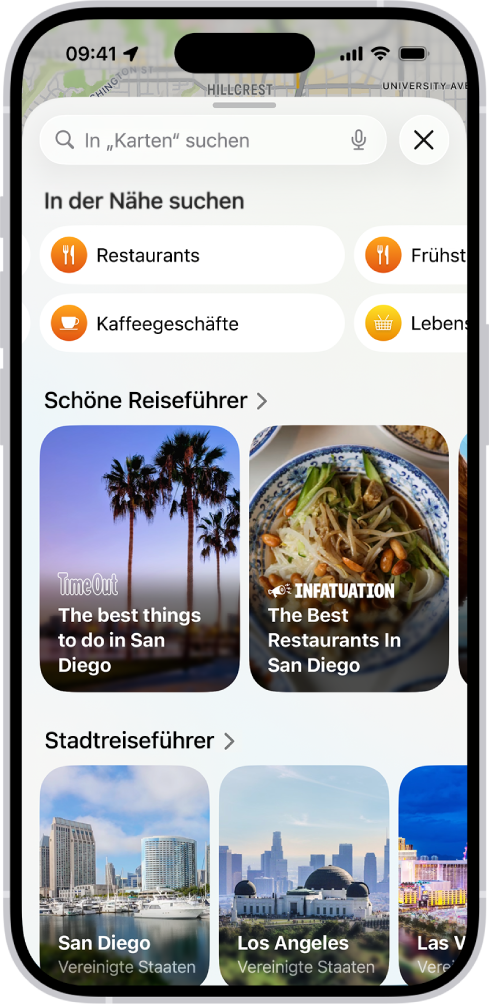 Die App „Karten“ zeigt das Suchfeld, Kategorien für Dienstleistungen in deiner Nähe sowie Städteführer. Im unteren Bereich befindet sich die Bildschirmtastatur des iPhone.
