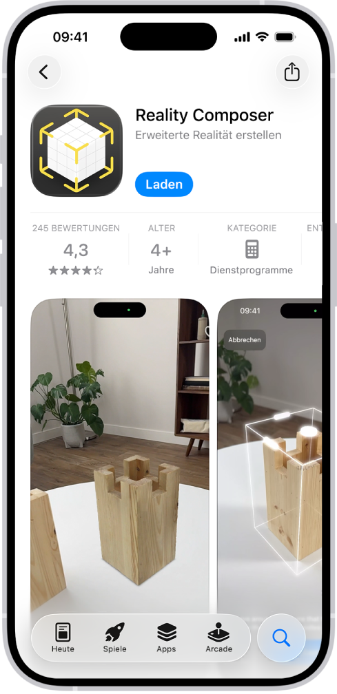 Die Informationsseite für eine App im App Store. Die Seite zeigt die Taste „Laden“, Bewertungen, Altersbeschränkungen, das Entwicklungsteam, Bildschirmfotos und mehr an. Unten befinden sich von links nach rechts die folgenden Tasten: „Heute“, „Spiele“, „Apps“, „Arcade“ und „Suchen“.