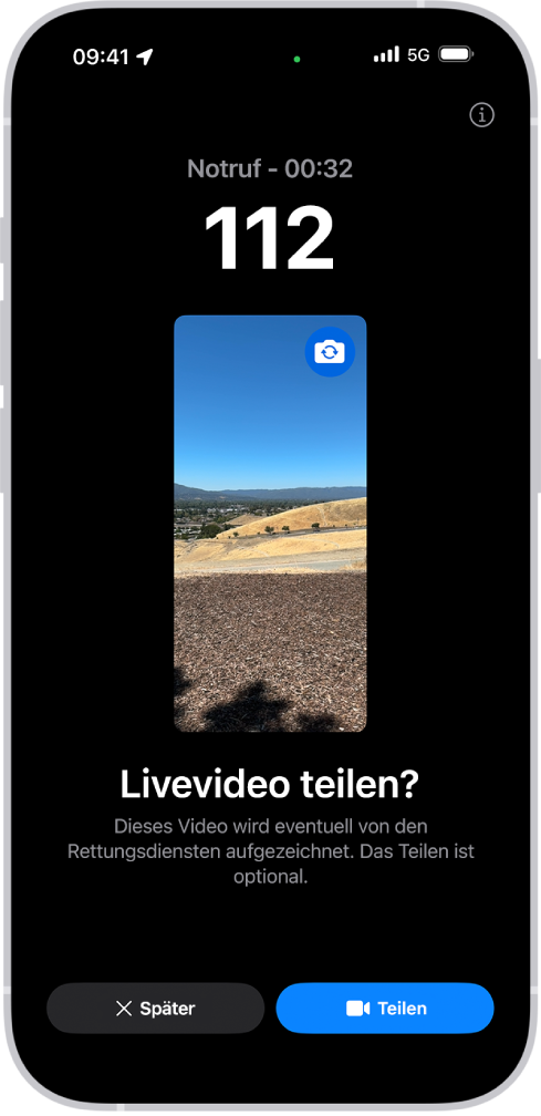 Ein Bildschirm „Live-Video bei Notruf SOS“, der einen Notruf mit einer Videovorschau in der Mitte zeigt. Unten sind die Tasten „Später“ und „Video teilen“ zu sehen.