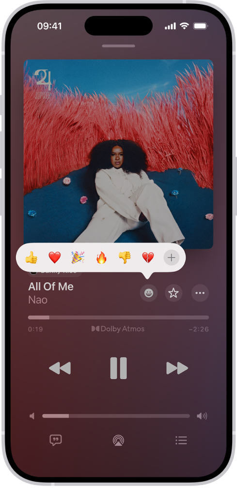 Der Bildschirm „Jetzt läuft“ mit der Taste „Reaktion“, die einige Emojis zeigt, sowie die Taste „Hinzufügen“, auf du klicken kannst, um nach weiteren Emojis zu suchen.