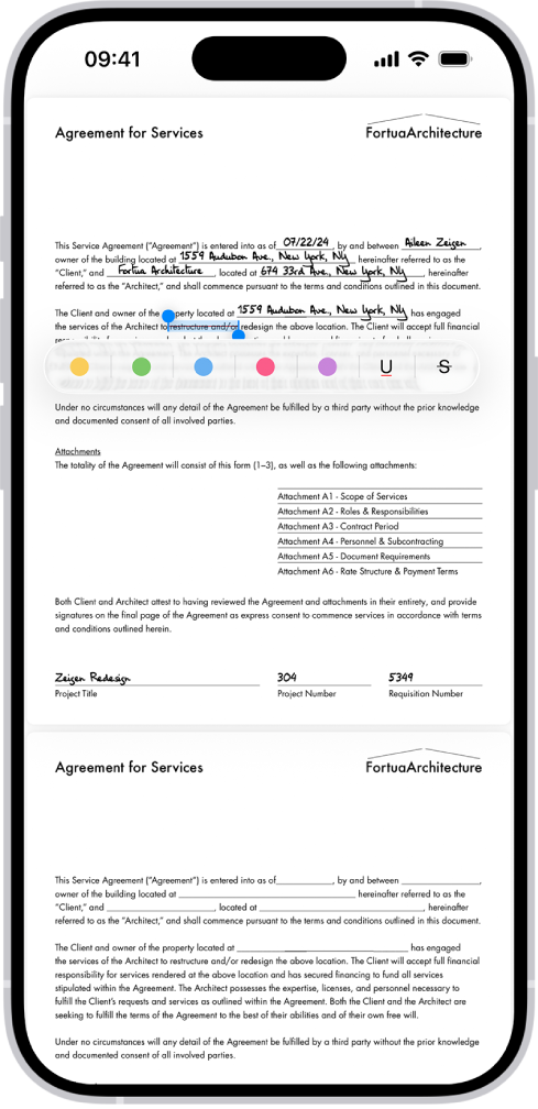 Eine PDF-Datei eines Dienstleistungsvertrags in der App „Vorschau“ mit hervorgehobenem und durchgestrichenem Text wird angezeigt. Die Tasten „Hervorheben“, „Unterstrichen“ und „Durchgestrichen“ werden unter dem Text angezeigt.