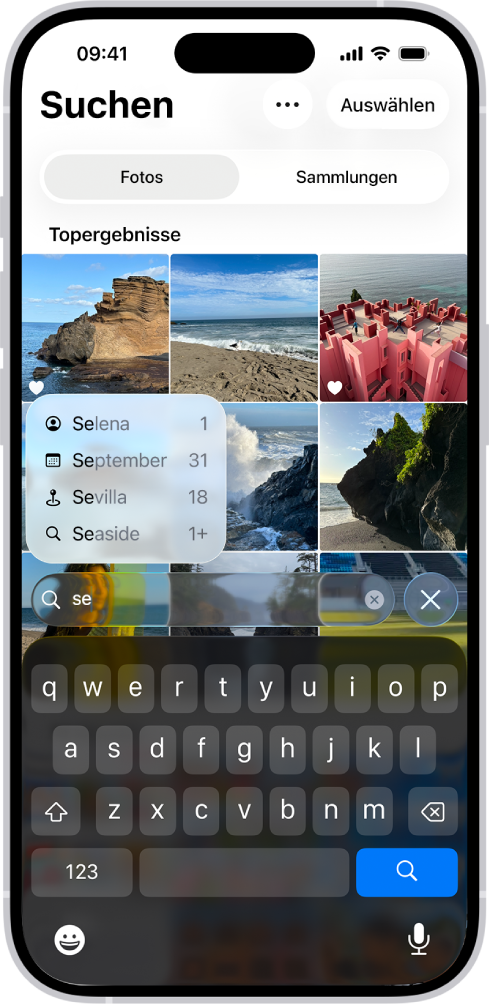 Der Bildschirm in der App „Fotos“ zeigt Suchvorschläge basierend auf dem Text, der in das Suchfeld eingegeben wurde.