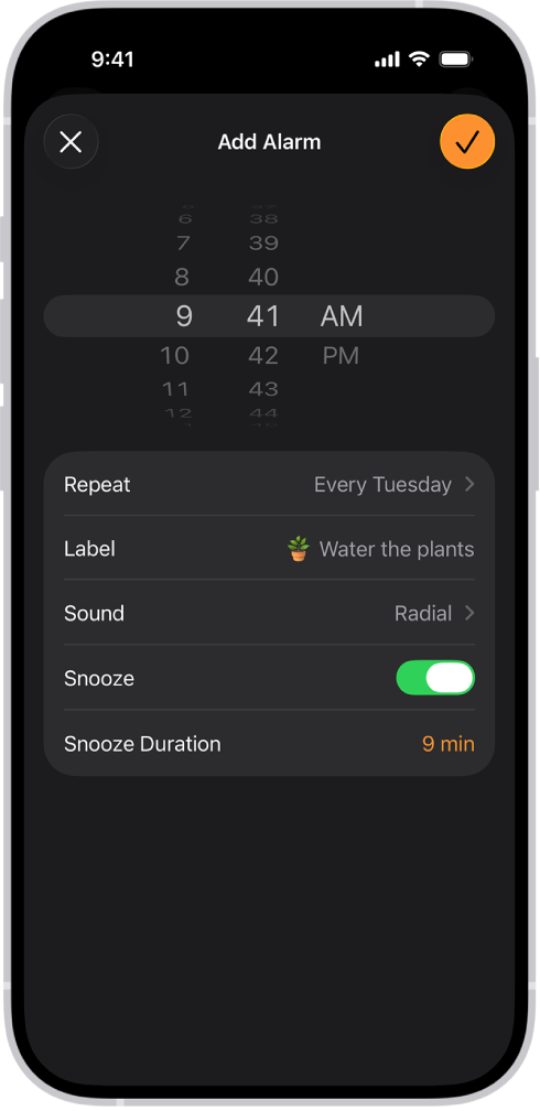 Μια οθόνη για την αλλαγή μιας ειδοποίησης, με ρυθμίσεις για να αλλάξετε την ώρα της ειδοποίησης, να επιλέξετε αν η ειδοποίηση θα επαναληφθεί, να προσθέσετε μια ετικέτα ειδοποίησης, να επιλέξετε έναν ήχο ειδοποίησης, να ενεργοποιήσετε την αναβολή, και να αλλάξετε τη διάρκεια της αναβολής.