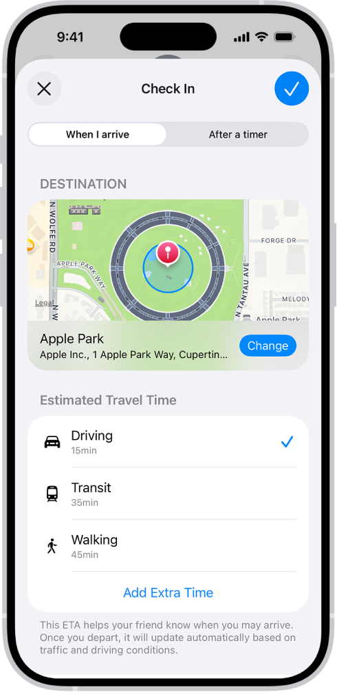 Μια Δήλωση κατάστασης που εμφανίζει έναν χάρτη και τους εκτιμώμενους χρόνους μετάβασης για Οδήγηση, ΜΜΜ και Βάδισμα. Στο κάτω μέρος υπάρχει ένα κουμπί για την Προσθήκη επιπλέον χρόνου.